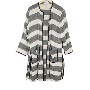 Masai Copenhagen Jessica Knit Open Cardigan 2XL Black Beige Striped Patch Pocket